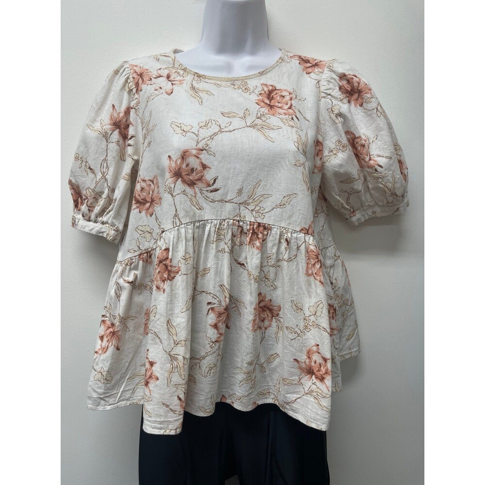 EUC Gorgeous Size Small Cream Floral Print Linen Blend Blouse by Zara